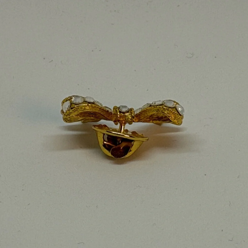 Vintage Ballou Rhinestone Bow Lapel Pin Gold Tone Crystal Ribbon Brooch
